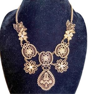 Unmarked Gold Lace Filigree Rhinestone Statement Necklace